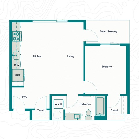 Floor plan for 1 bed, 1 bath, 697 sqft